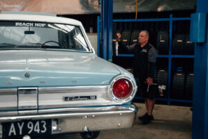 Rear of a classic car in the workshop