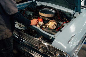 Engine bay of a classic car