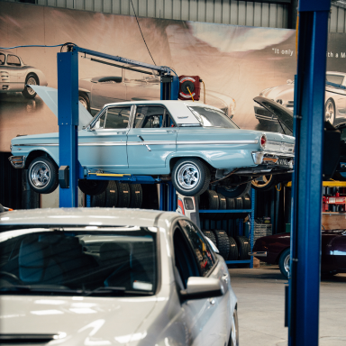 Classic car being worked on at Pearce Brothers Speedshop